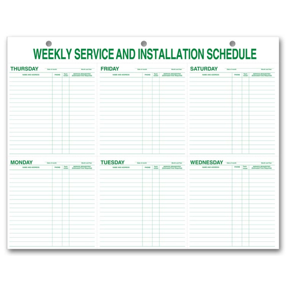   Weekly Service & Installation Schedule Pad, Hole Punch  