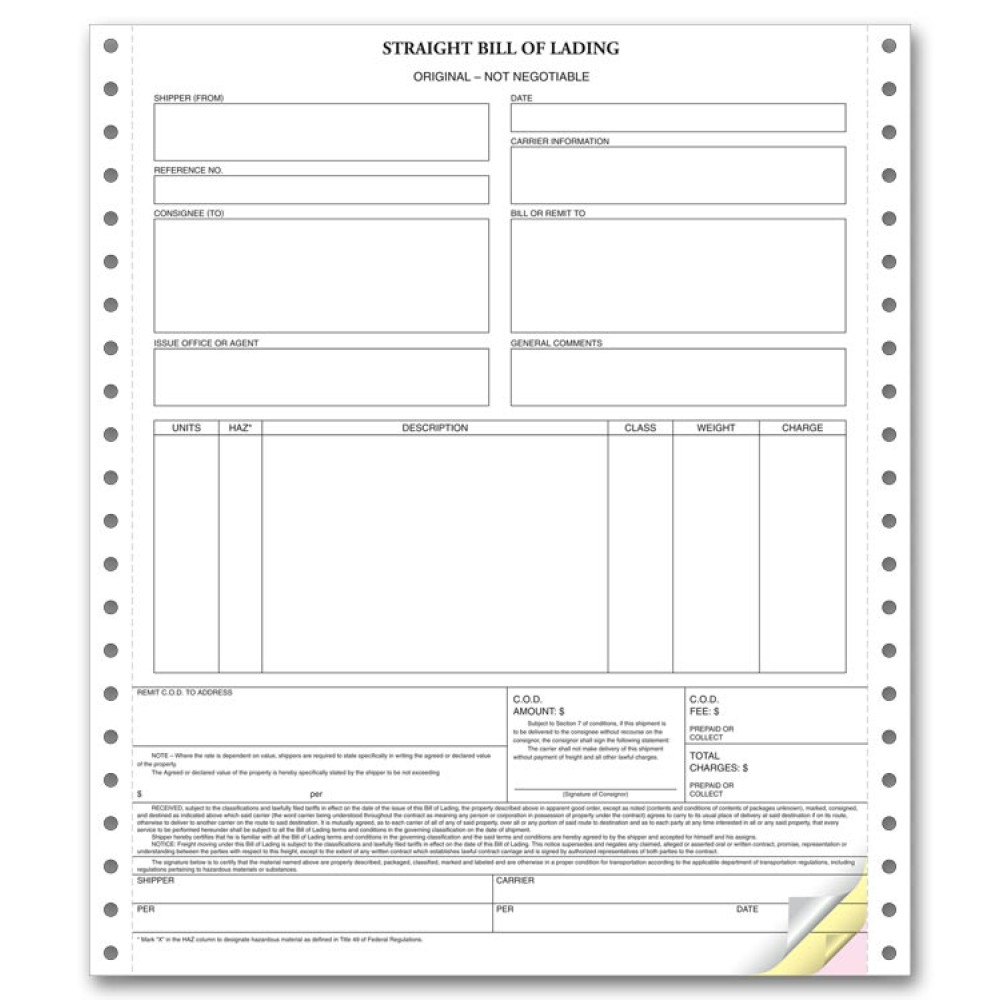 Straight Bill of Lading In Continuous Format 