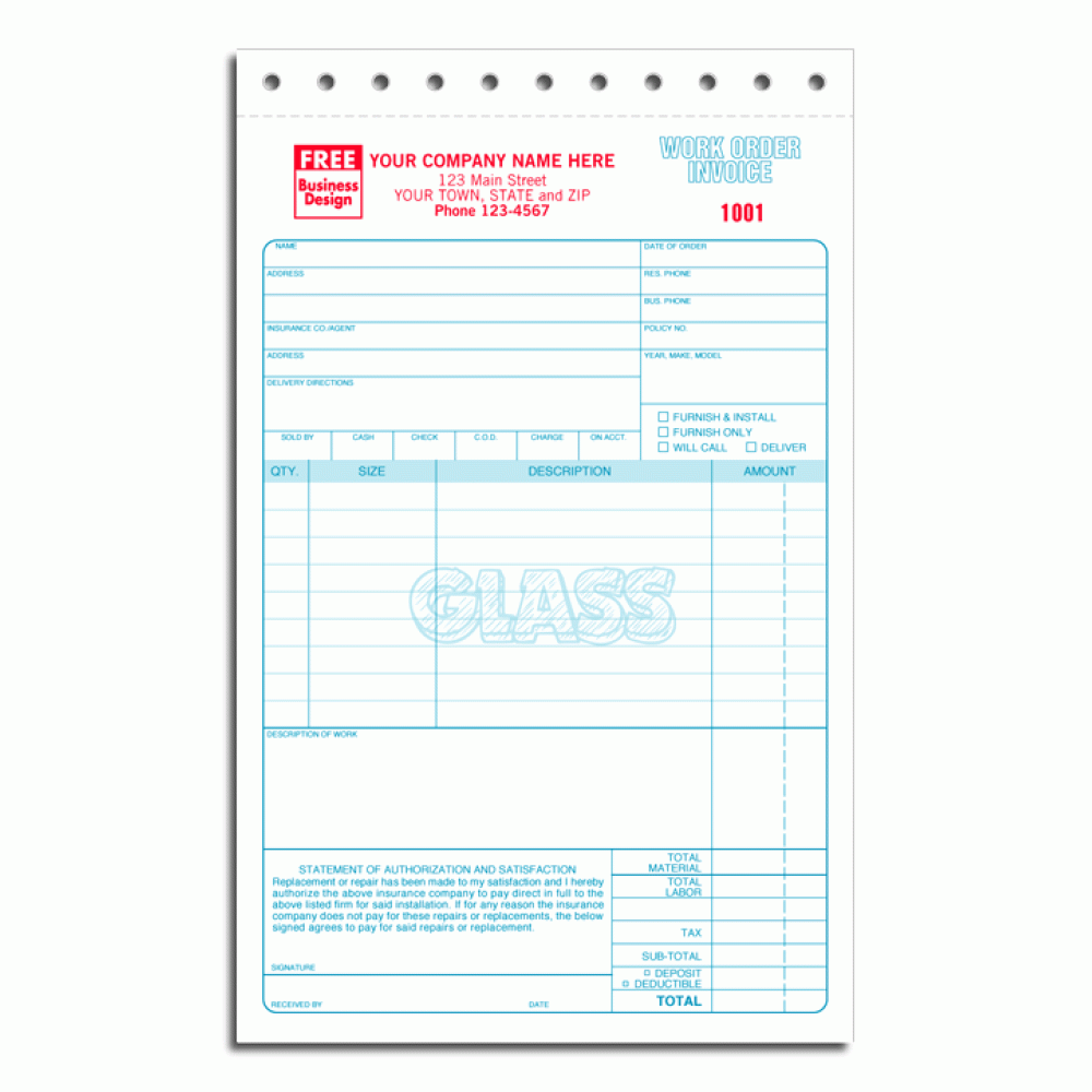 Glass Repair Work Order Invoice 