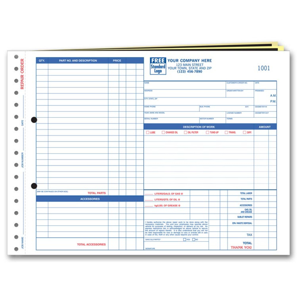 Carbon Copy Auto Repair Order Forms 