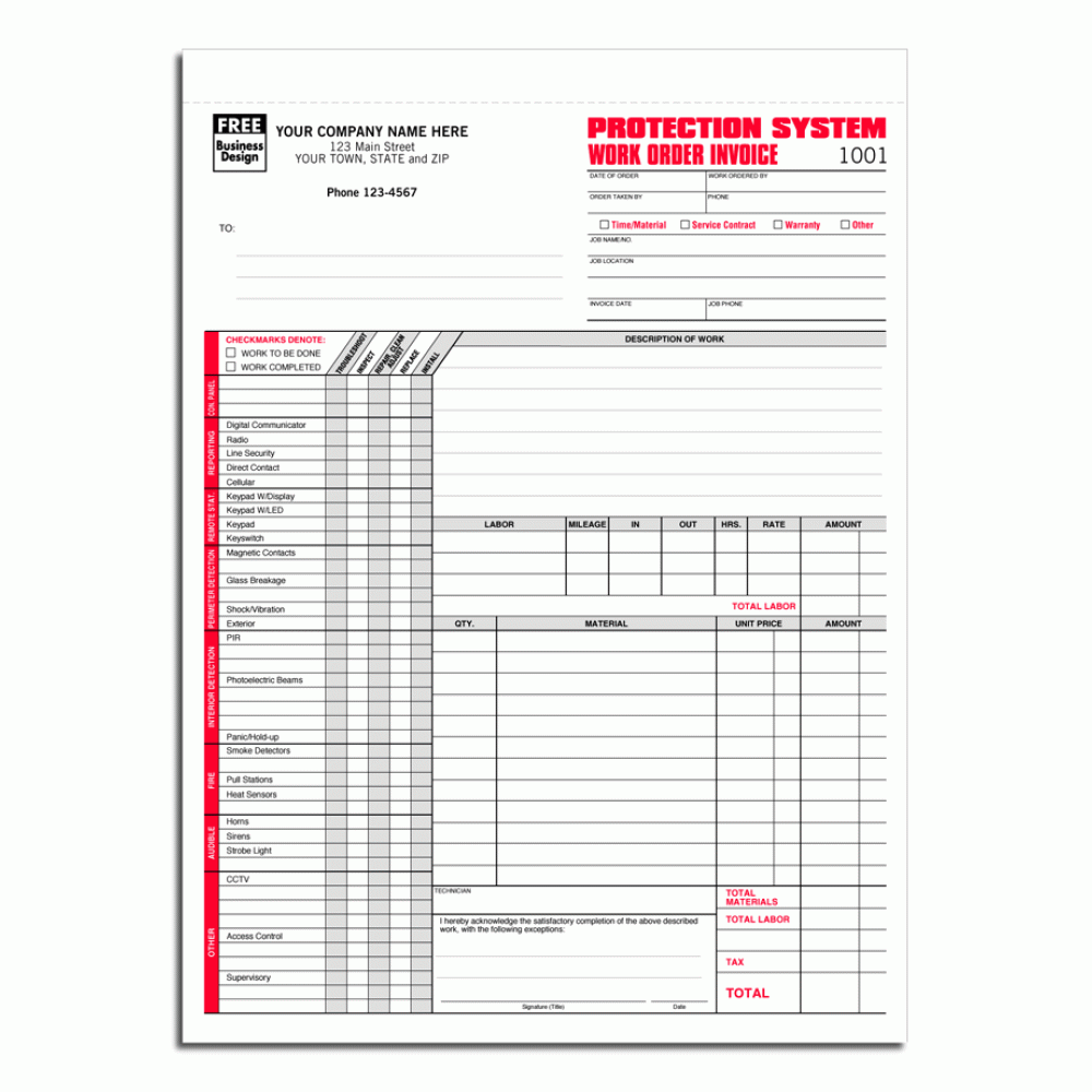 Protection System Work Invoice Forms 