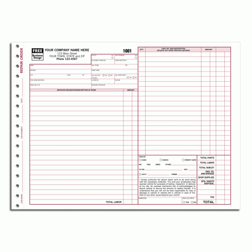 Auto Repair Order Forms, Carbonless 