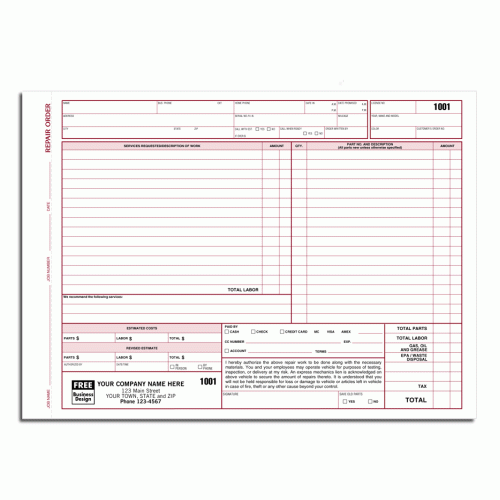 Auto Repair Order Forms with Key Tag 