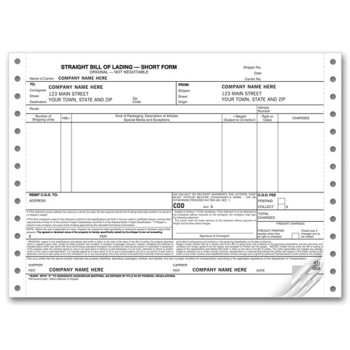 Continuous Straight Bill of Lading - Short Form 