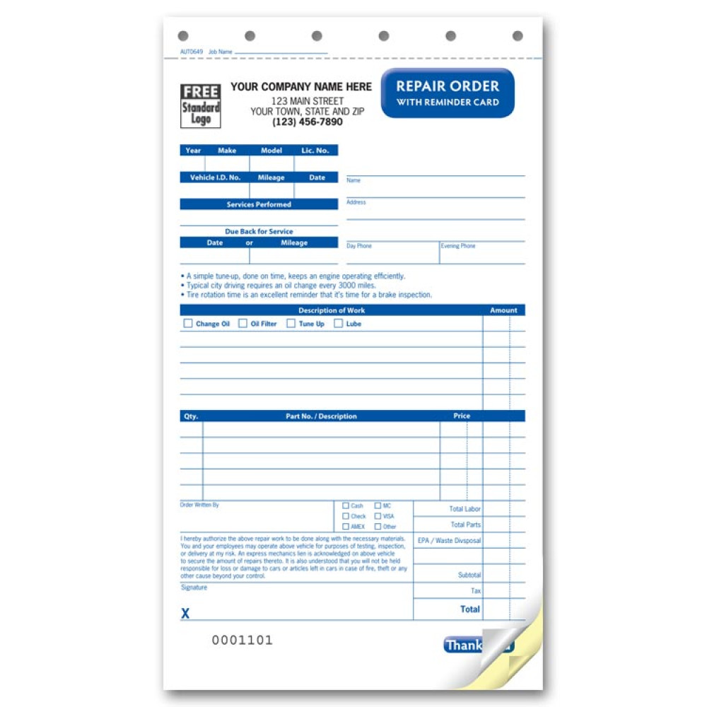 Carbonless Company Repair Order Forms 