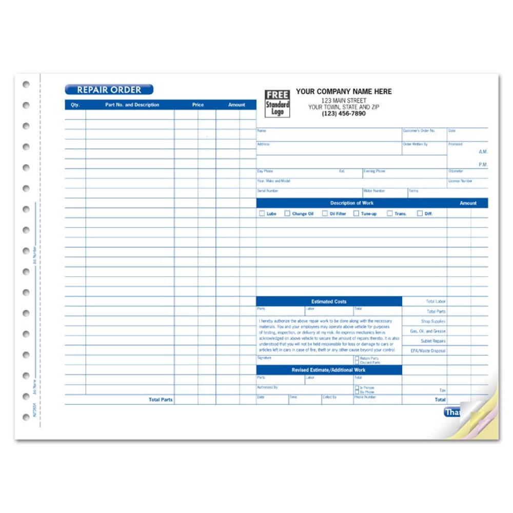 Large Garage Repair Order Forms 