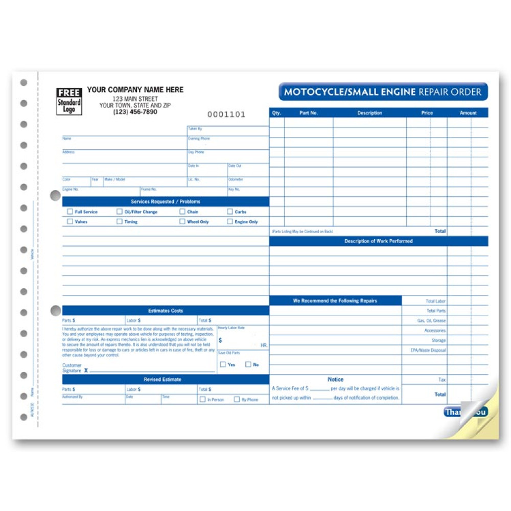 Small Motorcycle Repair Order Forms 