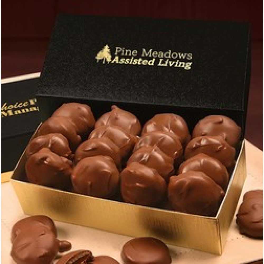 Gold & Black Gift Boxes with Pecan Turtles 