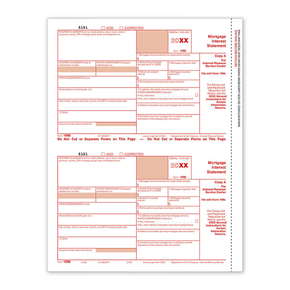 Laser 1098 Mortgage Interest, Federal Copy A, Bulk 