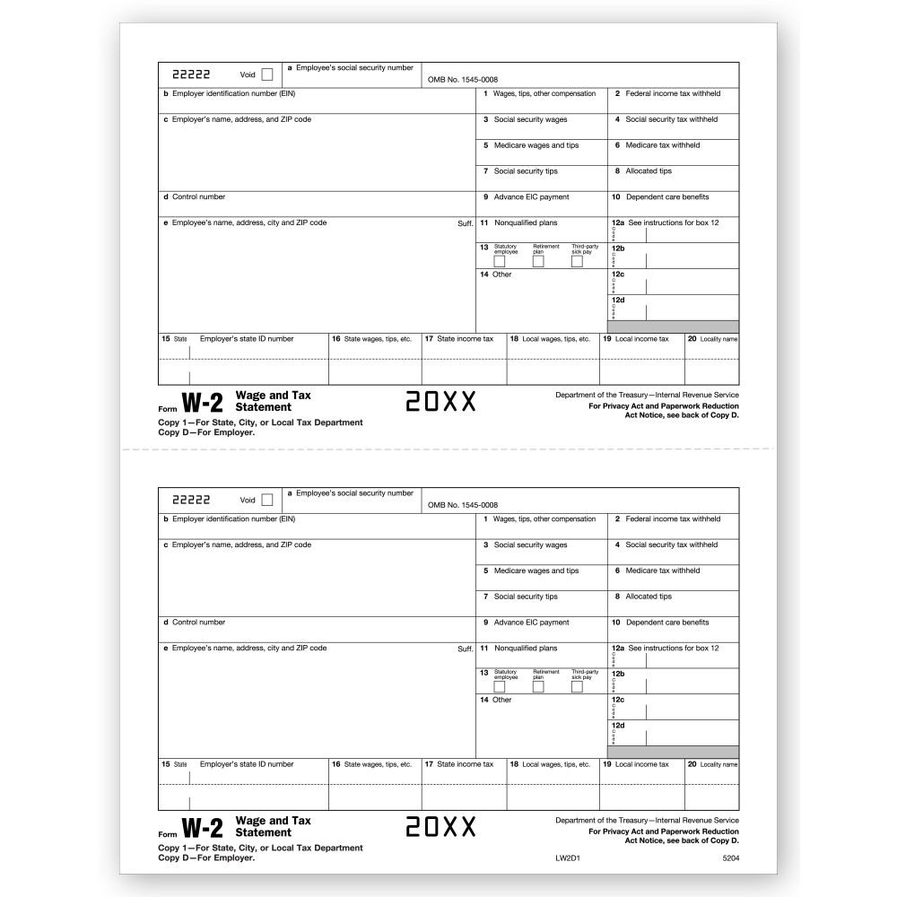 Laser W 2, Employer Copy 1/Copy D, Bulk 