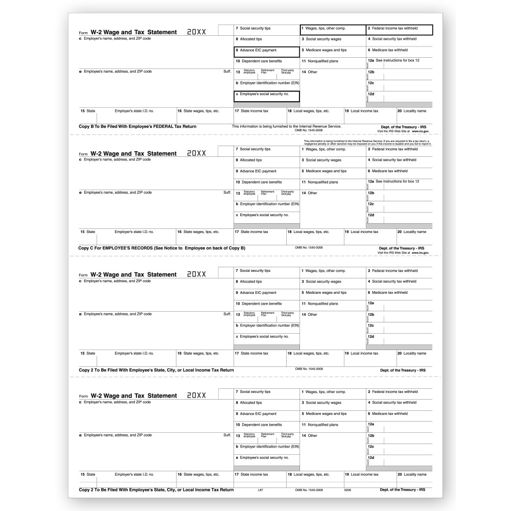 4 Up Laser W 2, Employee Copy, Horizontal Format, Bulk 