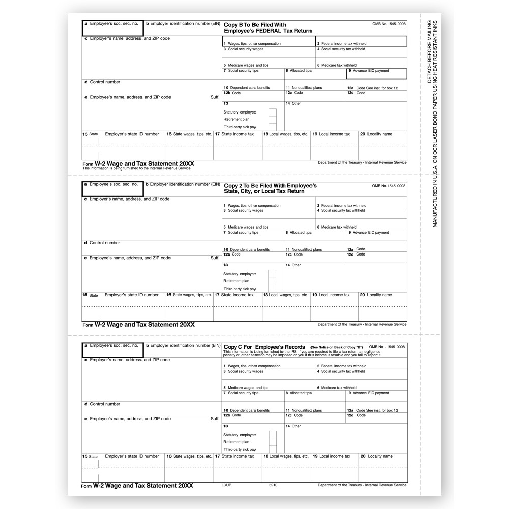 3 Up Laser W 2, Employee Copy, Horizontal Format 