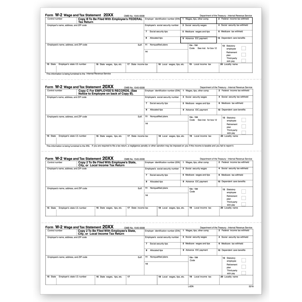 4 Up Laser W 2, Employee Copy, N Style, Horizontal 