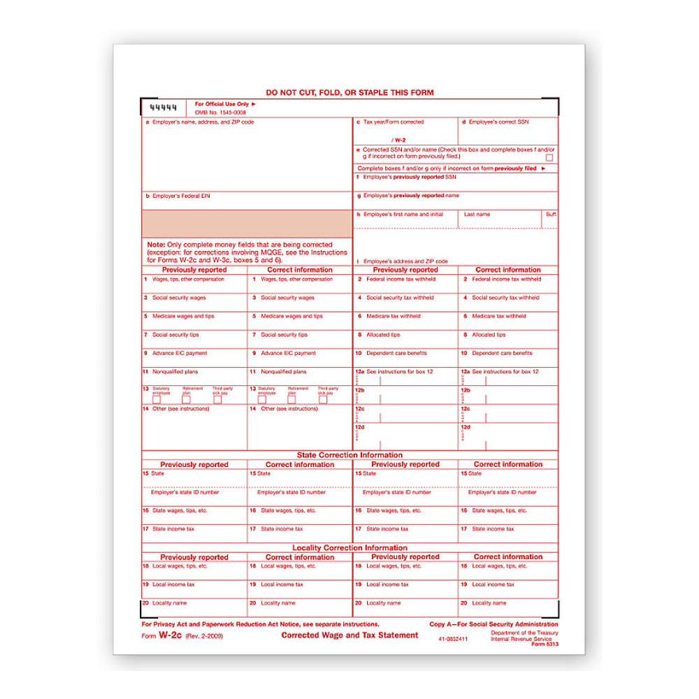 Laser W 2C Corrected Wage & Tax Statement, SSA Copy A 