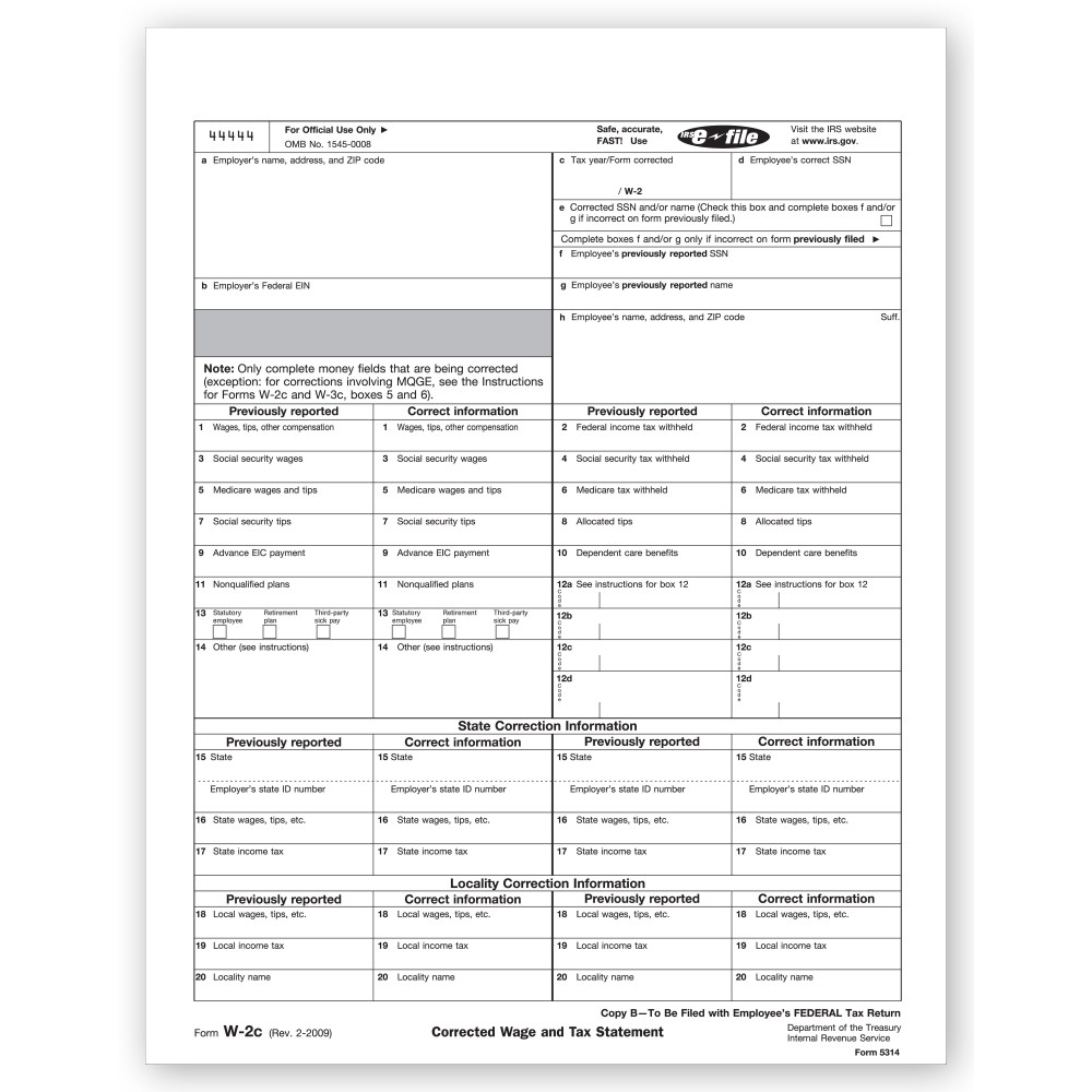 Laser W 2C Corrected Wage, Employee Copy B 