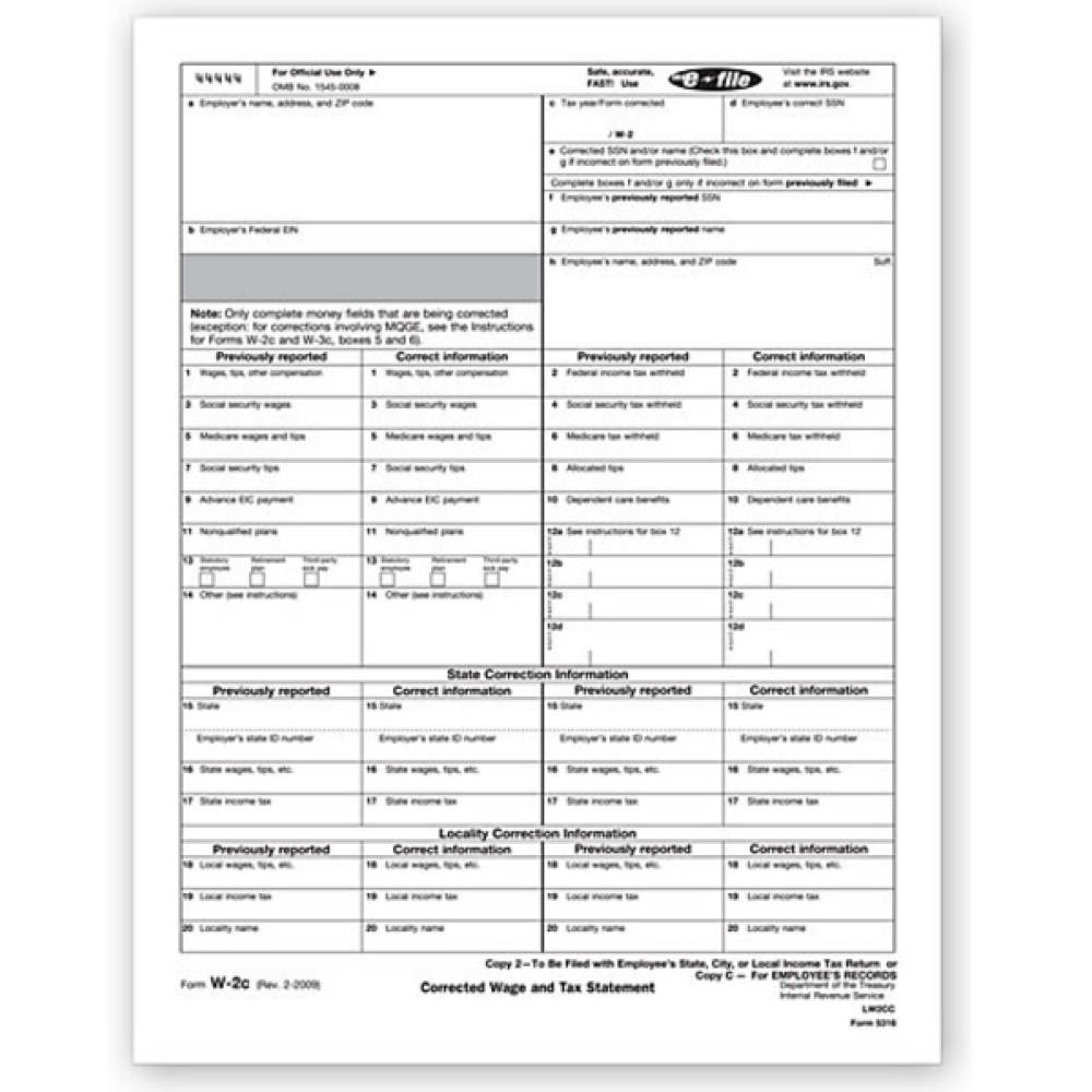 Laser W 2C Corrected Wage, Employee Copy 2 or C 