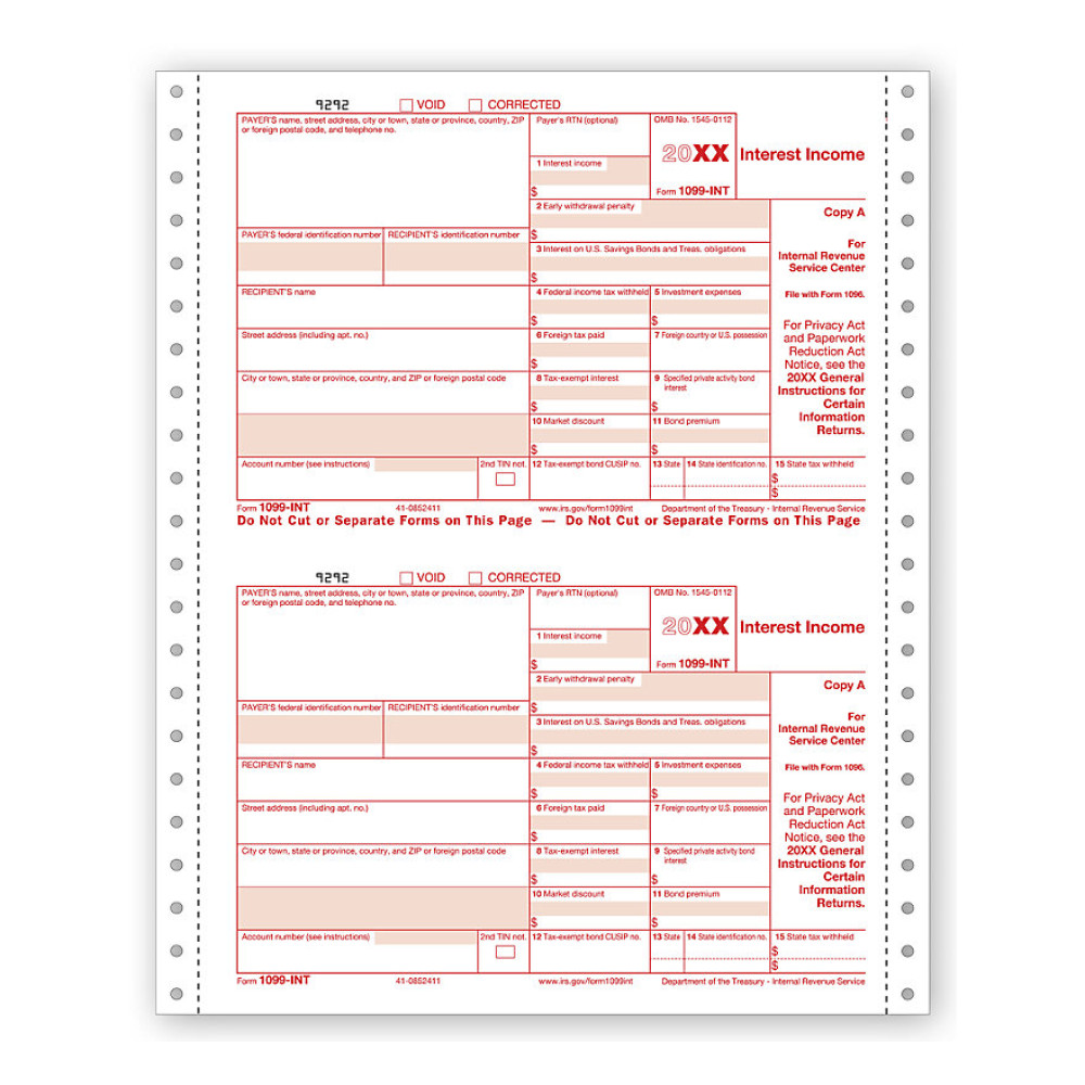 Continuous 1099 INT Income Carbonless Electronic Filing 